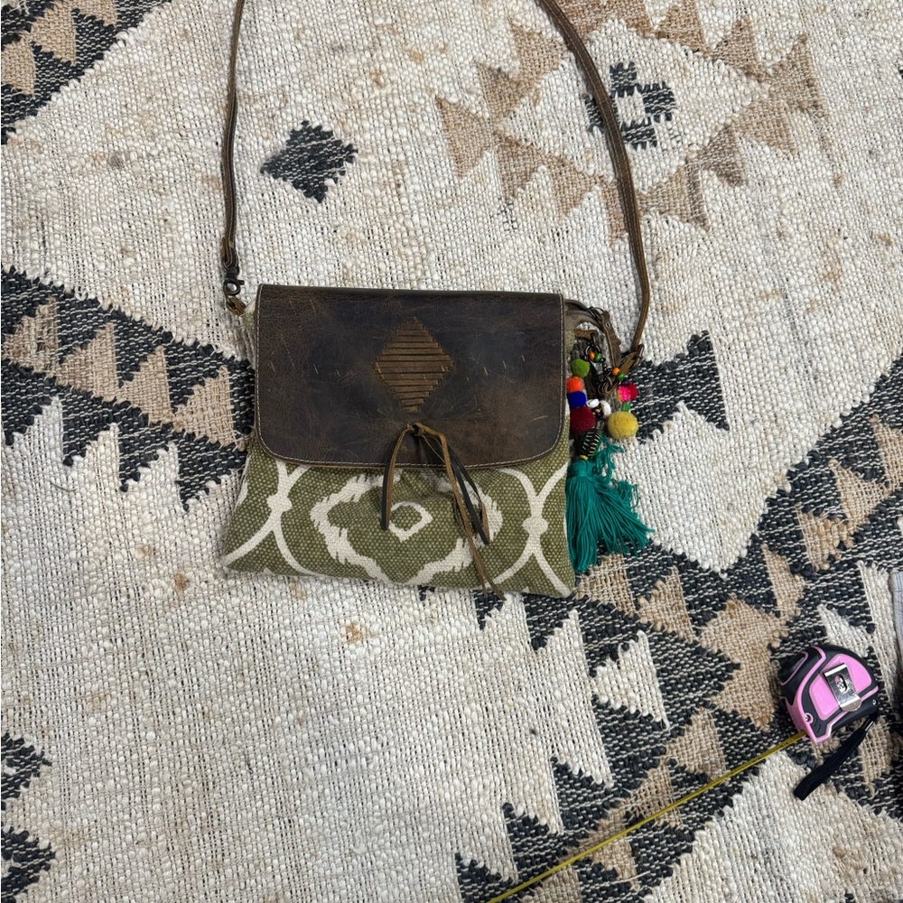 Myra Bag Green and Brown Crossbody with Decorative Tassels